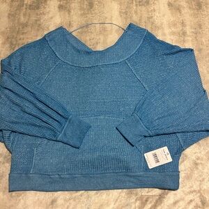 Free People Textured Blue Crew Neck Sweater